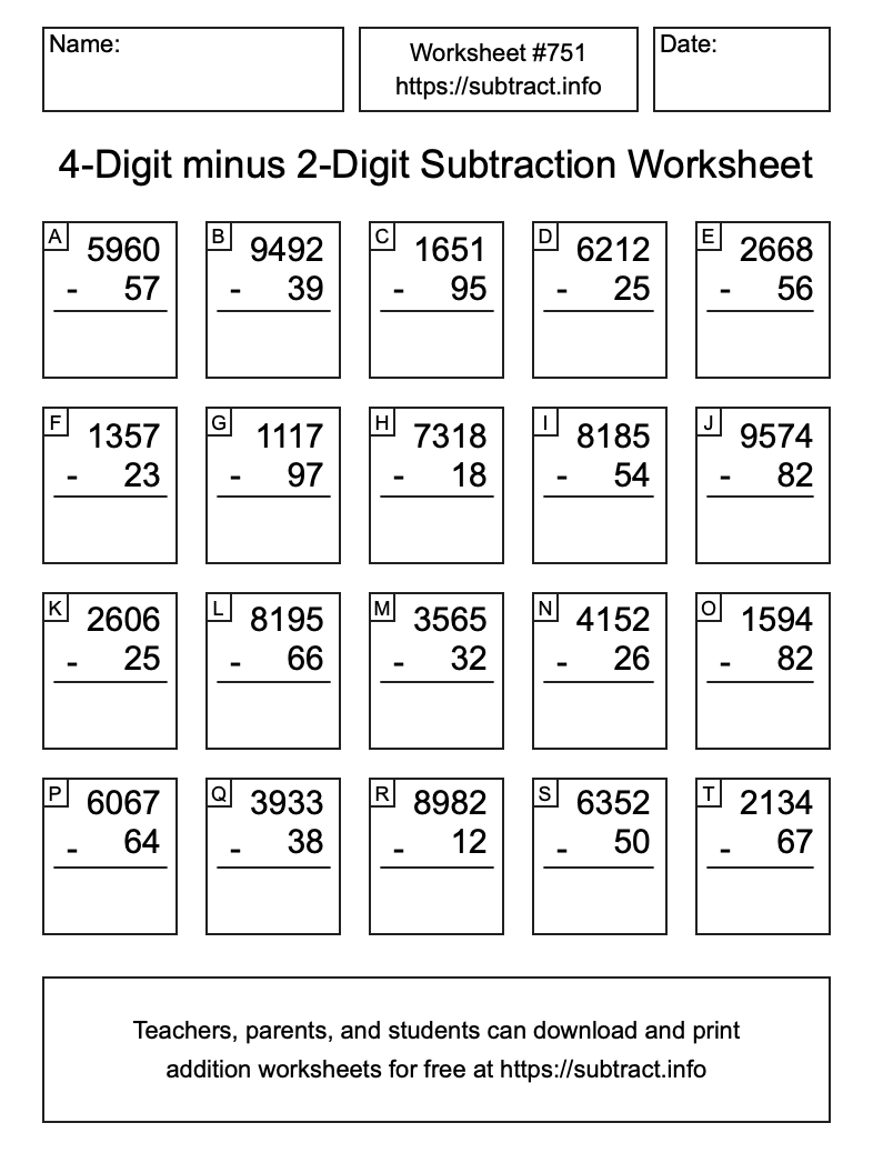 Subtraction Worksheet #751 (4-Digit minus 2-Digit)