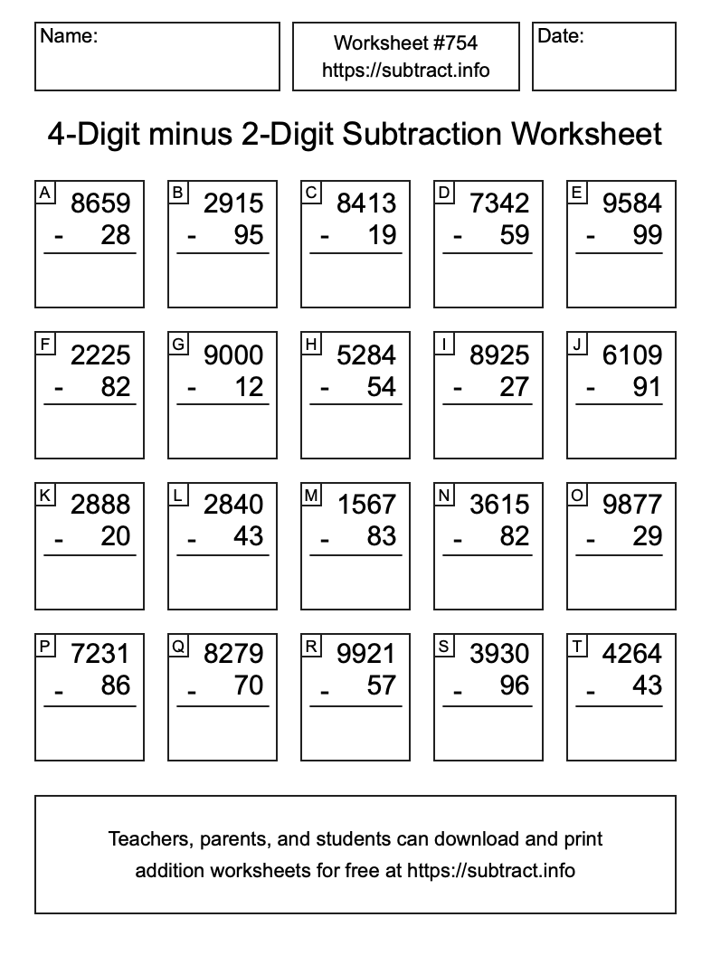 Subtraction Worksheet #754 (4-Digit minus 2-Digit)