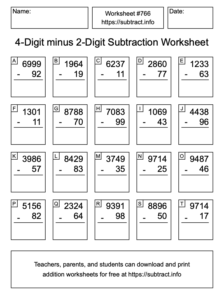 Subtraction Worksheet #766 (4-Digit minus 2-Digit)