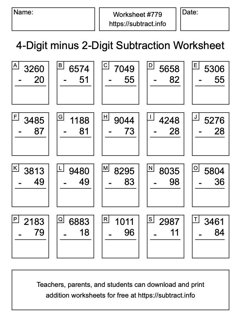 Subtraction Worksheet #779 (4-Digit minus 2-Digit)