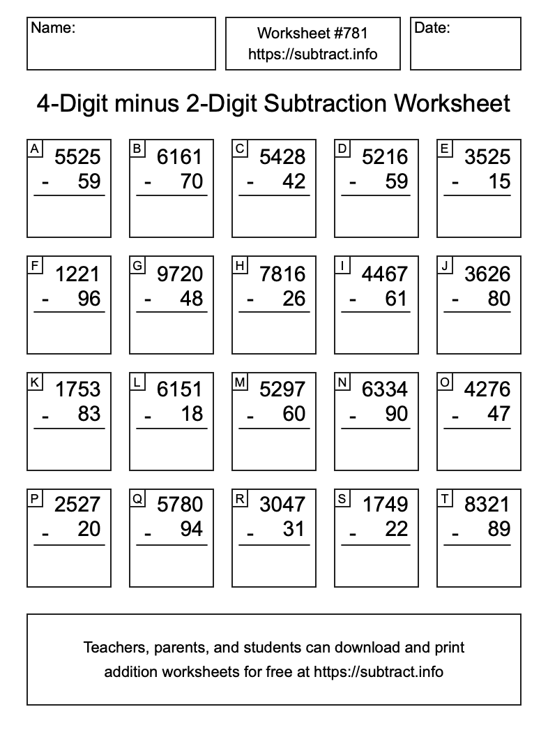 Subtraction Worksheet #781 (4-Digit minus 2-Digit)