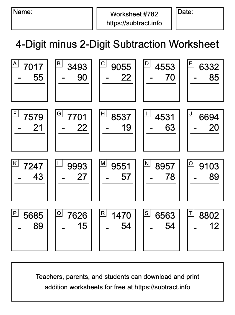 Subtraction Worksheet #782 (4-Digit minus 2-Digit)