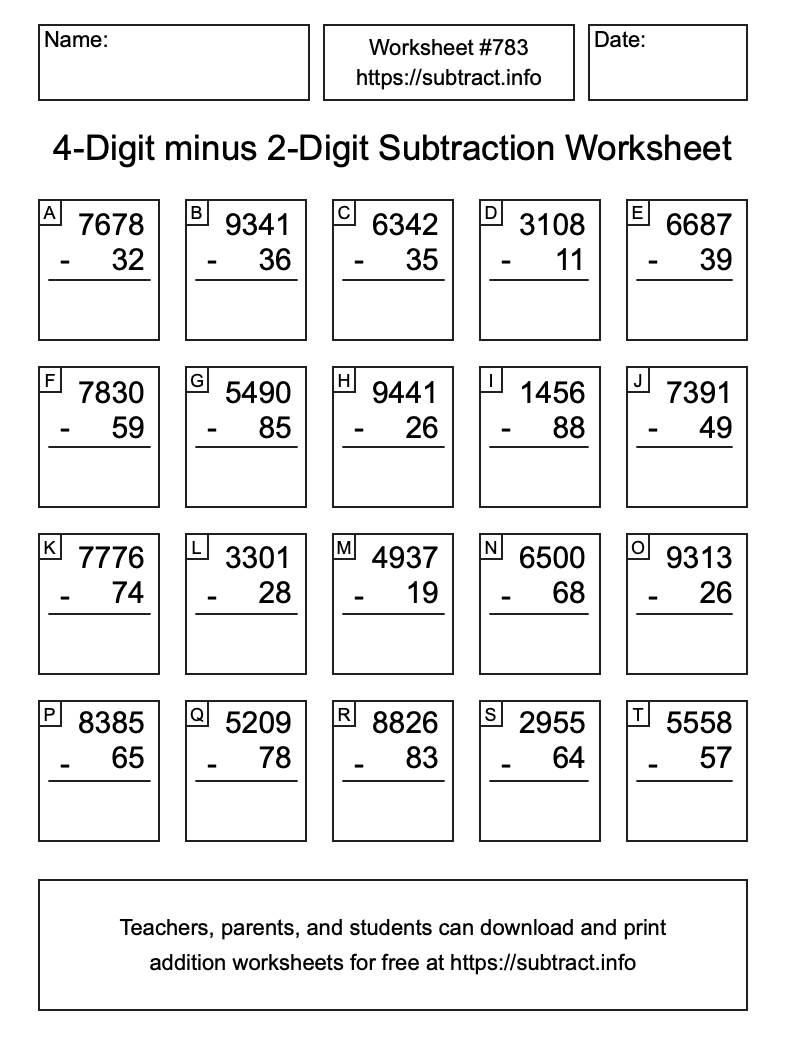 Subtraction Worksheet #783 (4-Digit minus 2-Digit)