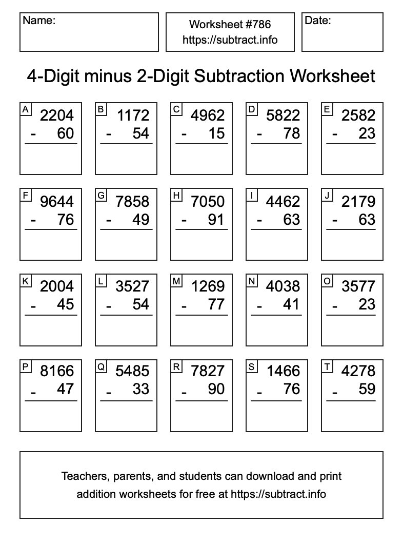 Subtraction Worksheet #786 (4-Digit minus 2-Digit)