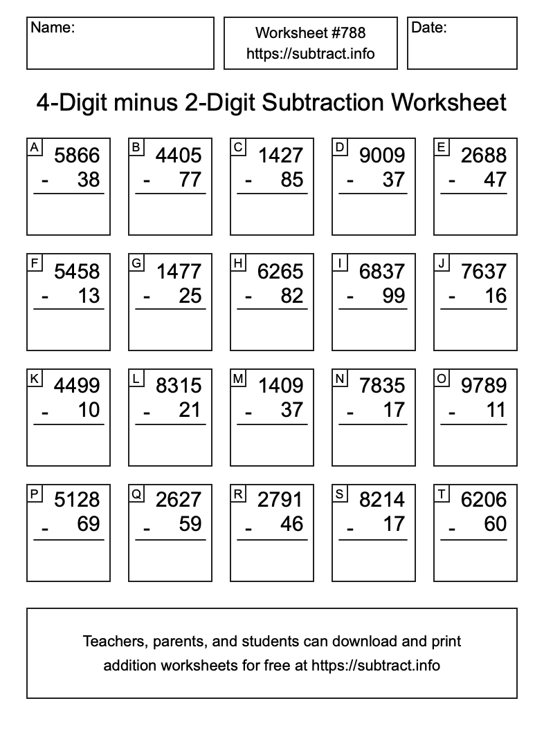 Subtraction Worksheet #788 (4-Digit minus 2-Digit)