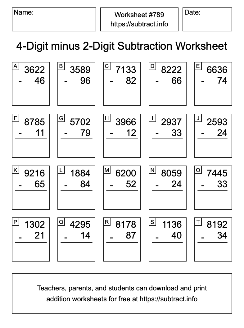 Subtraction Worksheet #789 (4-Digit minus 2-Digit)