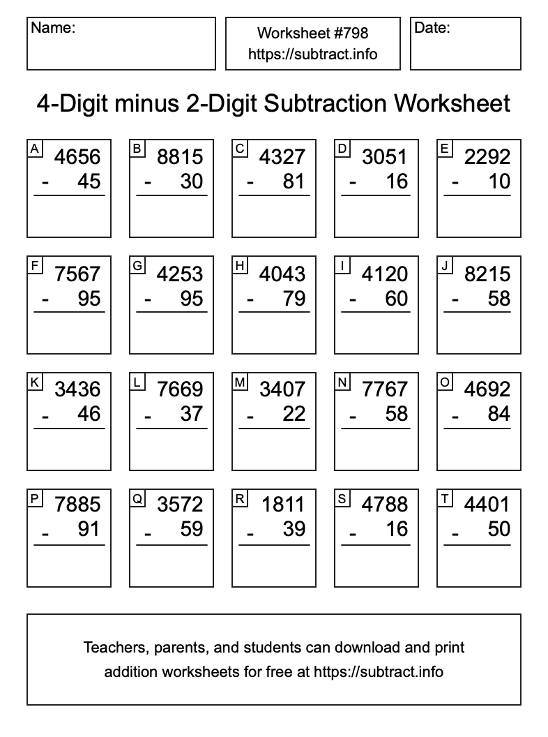 Subtraction Worksheet #798 (4-Digit minus 2-Digit)
