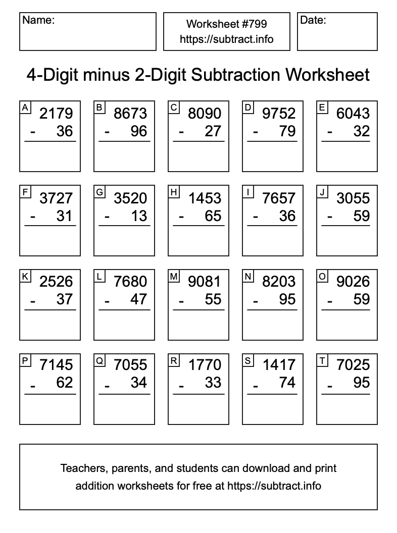 Subtraction Worksheet #799 (4-Digit minus 2-Digit)
