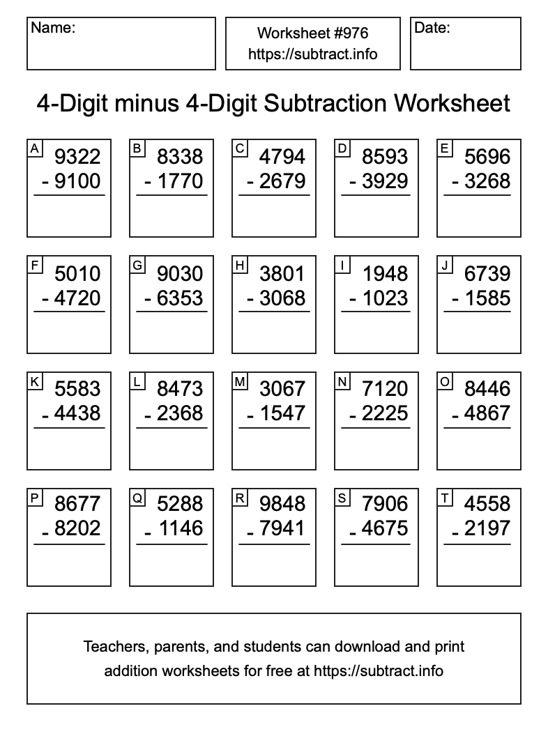 Subtraction Worksheet #976 (4-Digit minus 4-Digit)