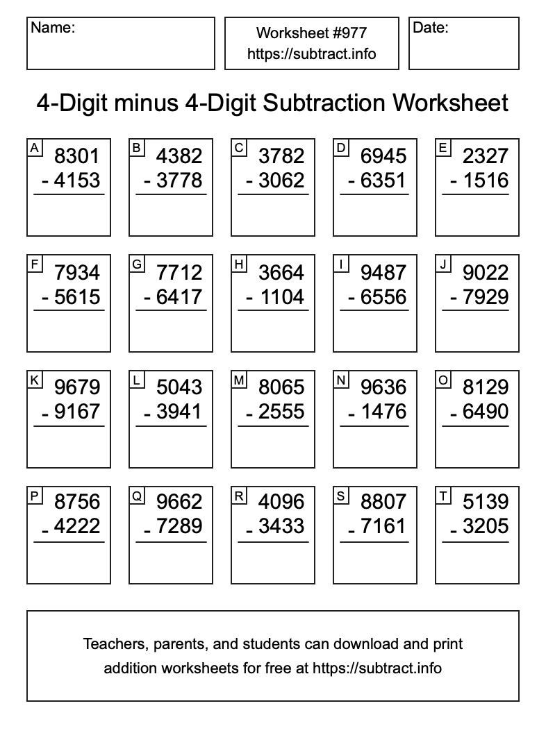 Subtraction Worksheet #977 (4-Digit minus 4-Digit)