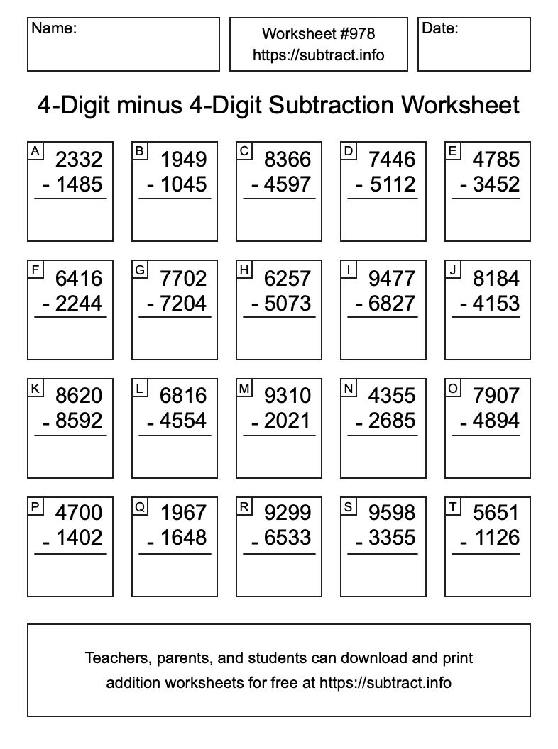 Subtraction Worksheet #978 (4-Digit minus 4-Digit)