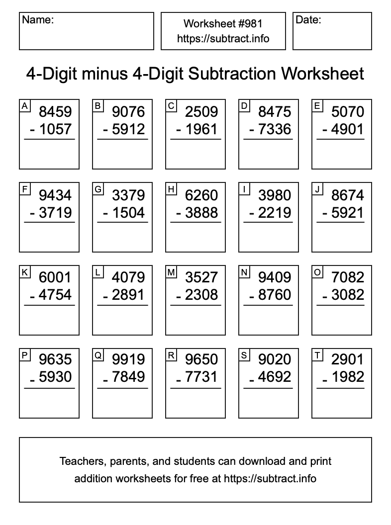 Subtraction Worksheet #981 (4-Digit minus 4-Digit)