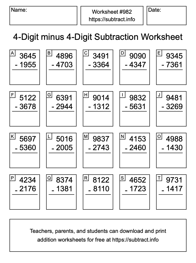 Subtraction Worksheet #982 (4-Digit minus 4-Digit)